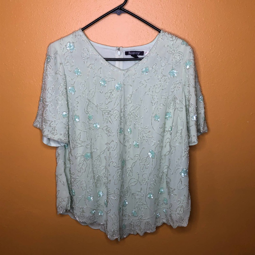 Roaman's Green Beaded Formal Top, 16W